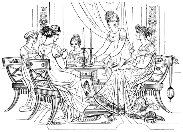 Classical engraving of "Young Ladies at Home," a scene with five women sitting around a table talking and sewing. Henry Moses, circa 1812
